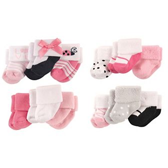Infant Girl Cotton Terry Socks, 12 pc Ladybug Pink Black, 0-3 Months