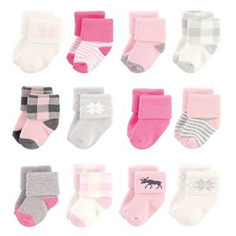 Hudson Baby Infant Girl Cotton Rich Newborn and Terry Socks, Pink Moose