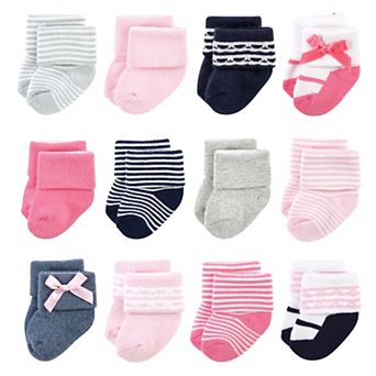 Luvable Friends Infant Girl Newborn and Baby Terry Socks, Pink Scroll
