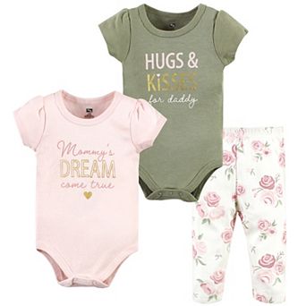 Hudson Baby Infant Girls Cotton Bodysuit And Pant Set, Mom Dad Floral