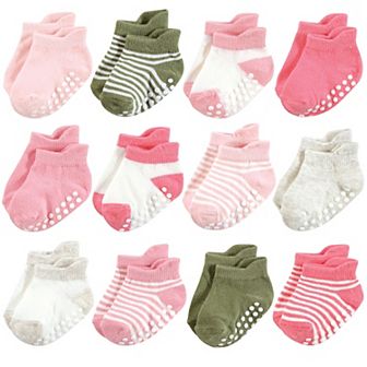 Hudson Baby Infant Girl Non-Skid No-Show Socks, Pink Green
