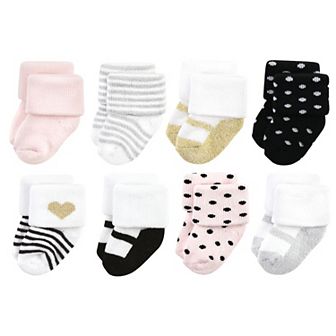 Hudson Baby Infant Girls Cotton Rich Newborn and Terry Socks, Silver Gold Pink