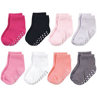 Touched by Nature Baby and Toddler Girl Organic Cotton Socks with Non-Skid Gripper for Fall Resistance, Solid Black Pink