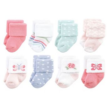 Hudson Baby Infant Girls Cotton Rich Newborn and Terry Socks, Pastel Butterfly, 0-6 Months