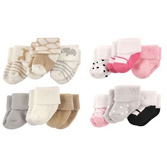 Luvable Friends Infant Girl Cotton Terry Socks, 12 pc Safari Pink Black, 0-3 Months