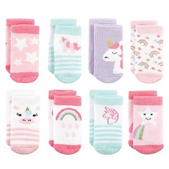 Hudson Baby Infant Girl Cotton Rich Newborn and Terry Socks, Unicorn 8-Pack