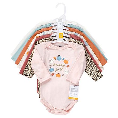 Hudson Baby Infant Girl Cotton Long-Sleeve Bodysuits, Happy Fall 7-Pack