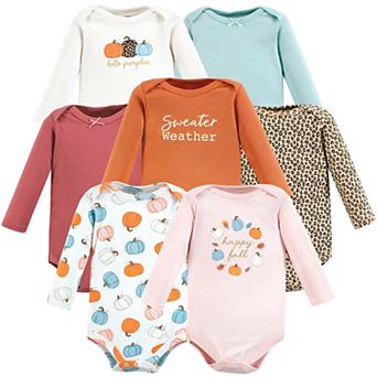 Hudson Baby Infant Girl Cotton Long-Sleeve Bodysuits, Happy Fall 7-Pack