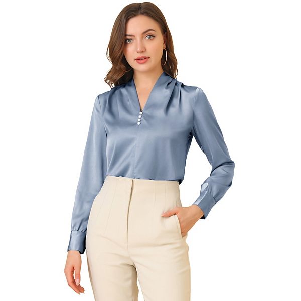 Women's V Neck Decor Beaded Long Sleeve Office Pleated Satin Blouse Top