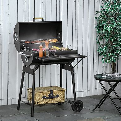 Outsunny 30" Portable Charcoal BBQ Grill Carbon Steel Outdoor Barbecue with Adjustable Charcoal Rack, Storage Shelf, Wheel, for Garden Camping Picnic