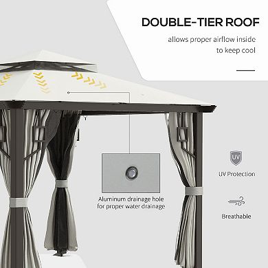 Outsunny 10' x 10' Patio Gazebo, Double Vented 2-Tier Roof, Privacy Curtains, Mesh Netting, Aluminum Frame with Steel Support, Outdoor Canopy Shelter, Cream White
