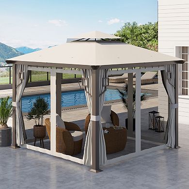 Outsunny 10' x 10' Patio Gazebo, Double Vented 2-Tier Roof, Privacy Curtains, Mesh Netting, Aluminum Frame with Steel Support, Outdoor Canopy Shelter, Cream White