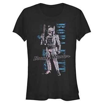 Juniors' Star Wars Boba Fett Bounty Hunter Distressed Portrait Fitted Tee