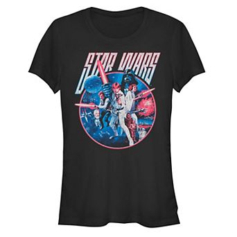 Juniors' Star Wars Luke Han & Leia Battle Darth Vadar Retro Poster Fitted Tee