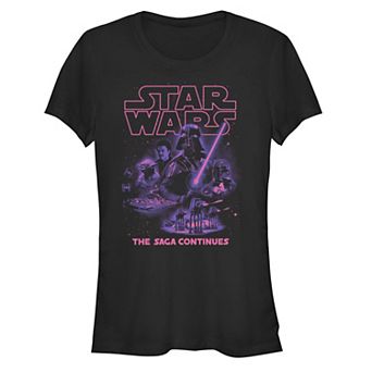 Juniors' Star Wars The Saga Continues Darth Vadar Movie Poster Fitted Tee