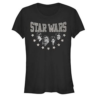 Juniors' Star Wars Original Cast Faces & Stars Collegiate Logo Fitted Tee