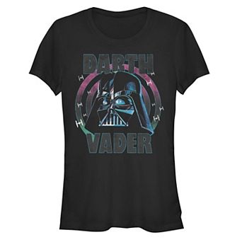Juniors' Star Wars Neon Darth Vadar Helmet Space Ships Fitted Tee