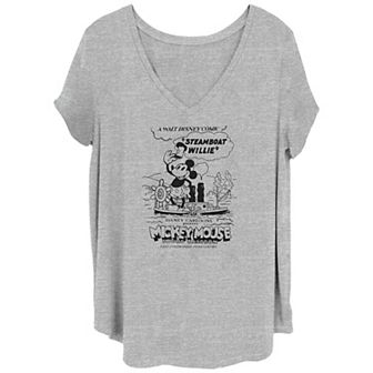Disney's 100th Anniversary Women's Mickey Mouse Steamboat Willie Cartoon Comic V-Neck Tee