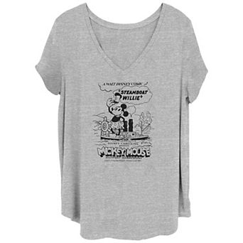 Disney's 100th Anniversary Women's Mickey Mouse Steamboat Willie Cartoon Comic V-Neck Tee