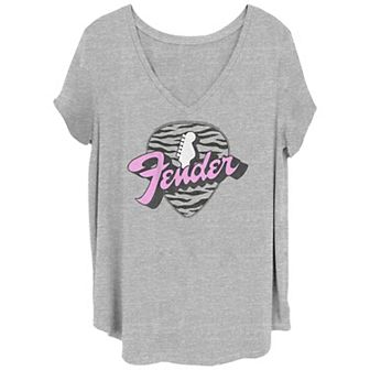 Juniors' Fender Zebra Guitar Pick Head Retro V-Neck Graphic Tee