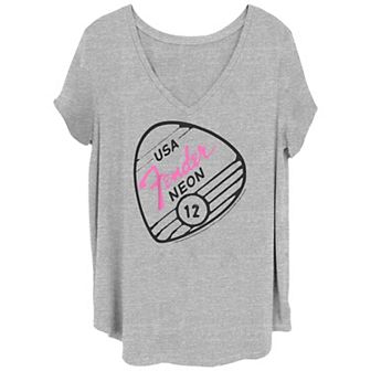 Juniors' Fender USA Neon 12 Pick V-Neck Graphic Tee