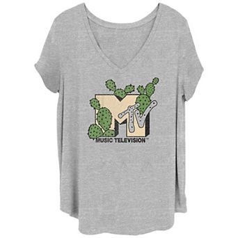 Juniors' Plus MTV Music Television Succulents Remix Cactus Logo V-Neck Graphic Tee