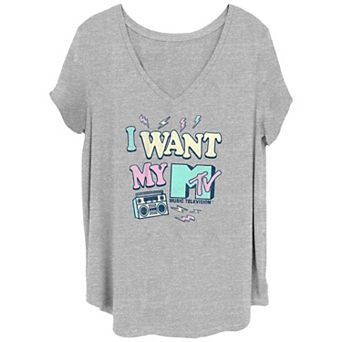 Juniors' Plus MTV I Want My Music Television Boombox V-Neck Graphic Tee