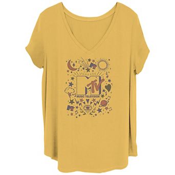 Juniors' Plus MTV Music Television Doodle Collage V-Neck Graphic Tee
