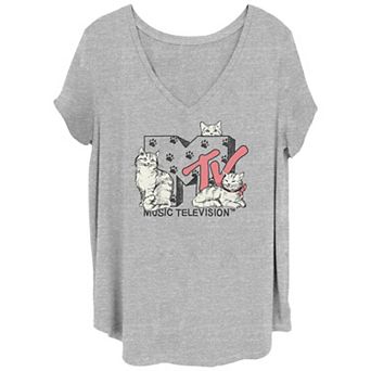Juniors' Plus MTV Cats and Cat Paws MTV Logo V-Neck Graphic Tee