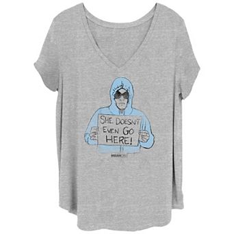Juniors' Plus Mean Girls She Doesn't Go Here Sketch V-Neck Graphic Tee