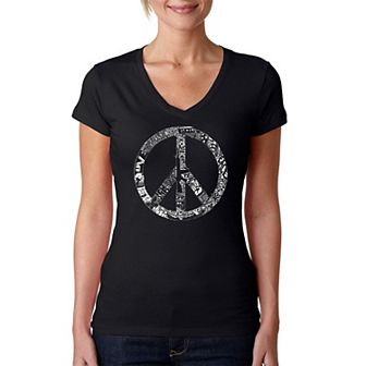 PEACE, LOVE, & MUSIC - Women's Word Art V-Neck T-Shirt
