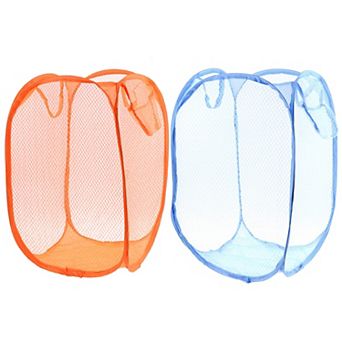 2 pc Orange Blue Folding Laundry Clothes Storage Basket Hamper w Hand Strap