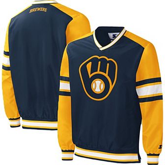 Men's Starter Navy Milwaukee Brewers Yardline Pullover Windbreaker