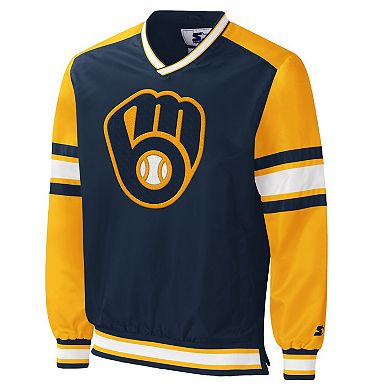 Men's Starter Navy Milwaukee Brewers Yardline Pullover Windbreaker