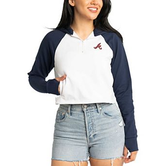 Women's Lusso White Atlanta Braves Jane Raglan Quarter-Zip Tri-Blend Cropped Pullover Hoodie