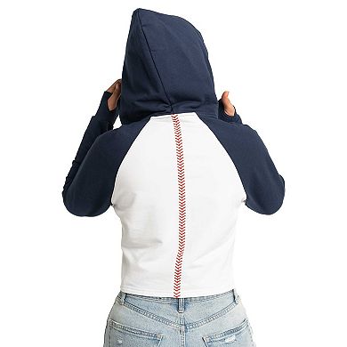 Women's Lusso White Atlanta Braves Jane Raglan Quarter-Zip Tri-Blend Cropped Pullover Hoodie