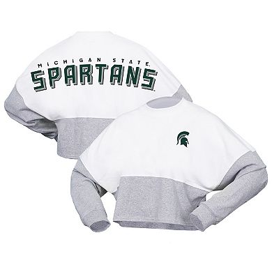 Women's Spirit Jersey  White Michigan State Spartans Heather Block Cropped Long Sleeve Jersey T-Shirt