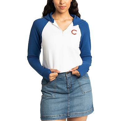Women's Lusso White Chicago Cubs Jane Raglan Quarter-Zip Tri-Blend Cropped Pullover Hoodie