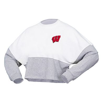 Women's Spirit Jersey  White Wisconsin Badgers Heather Block Cropped Long Sleeve Jersey T-Shirt