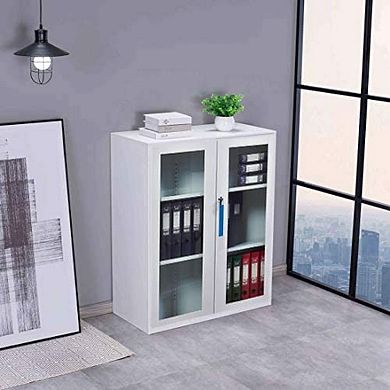 MECOLOR 36.4 in. Metal Office File Cabinet with Glass Door, Two Shelves and Lock for Office, School & Home