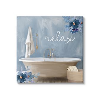 Stupell Home Decor Blue Floral Relax Bathroom Scene Canvas Wall Art