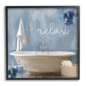 Stupell Home Decor Blue Floral Relax Bathroom Scene Framed Wall Art