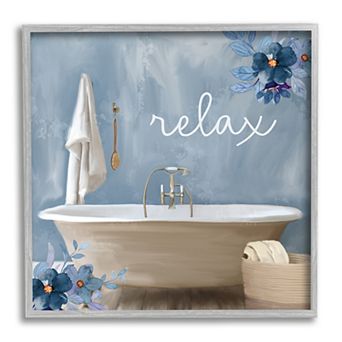 Stupell Home Decor Blue Floral Relax Bathroom Scene Framed Wall Art