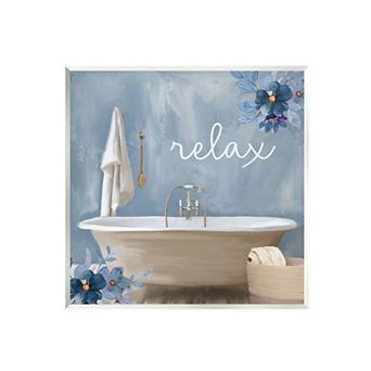 Stupell Home Decor Blue Floral Relax Bathroom Scene Plaque Wall Art