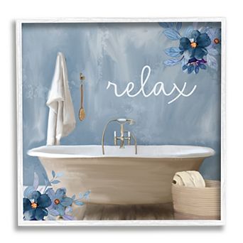 Stupell Home Decor Blue Floral Relax Bathroom Scene Framed Wall Art