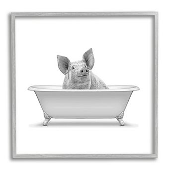 Stupell Home Decor Smiling Farm Pig Bathroom Tub Framed Wall Art