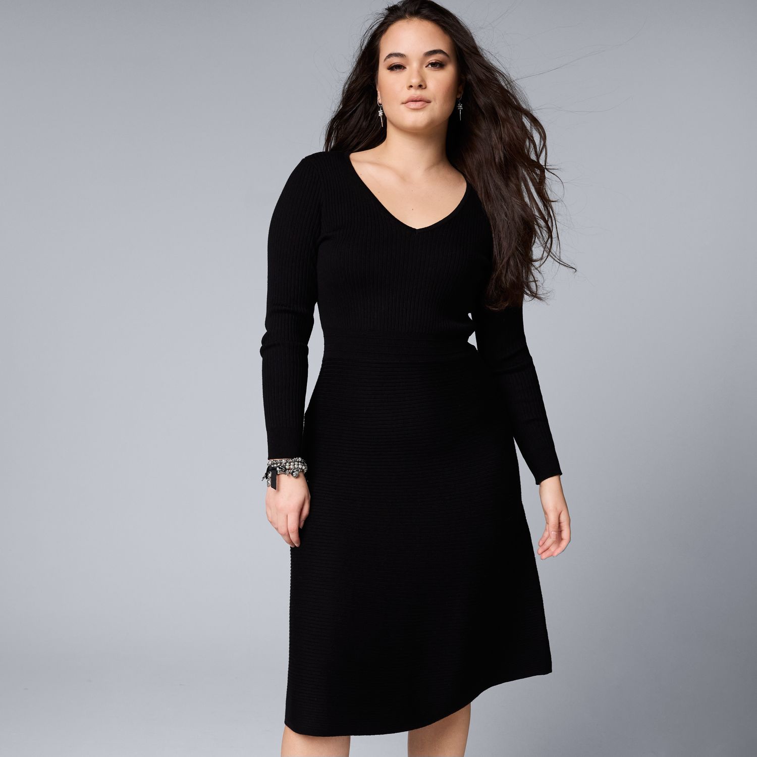 Women's Simply Vera Vera Wang V-Neck Ribbed Long Sleeve Sweater Dress