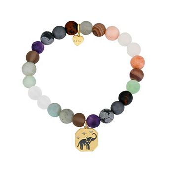 Love This Life® 14k Gold Tone "Strength" Enamel Elephant, Stars, Multi-Color Matte Stone Stretch Bracelet