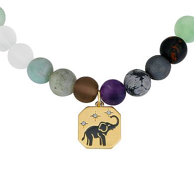 Love This Life 14k Gold Tone "Strength" Enamel Elephant, Stars, Multi-Color Matte Stone Stretch Bracelet