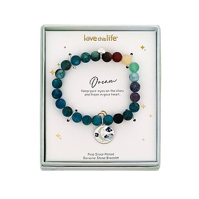 Love This Life Silver Tone "Dream" Enamel Moon, Cubic Zirconia Stars Multi-Color Stone Stretch Bracelet